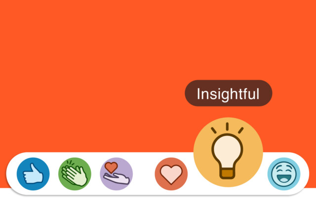 Graphic with an orange background showing various reaction icons from LinkedIn, including thumbs up, clapping hands, heart, and a light bulb with the label ‘Insightful’.”