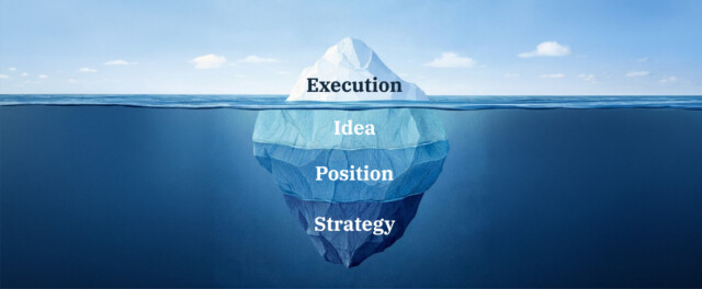 Illustration of an iceberg in the ocean, with only a small part visible above the water while most of it lies beneath the surface, symbolising how campaign success depends on strategy and positioning rather than execution alone.